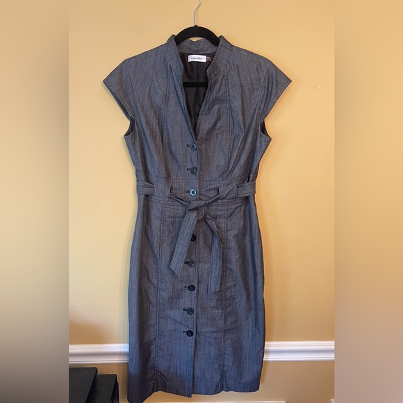 Calvin Klein- Belted Sheath Dress Charcoal Grey Sleeveless Button Up - Picture 3 of 6